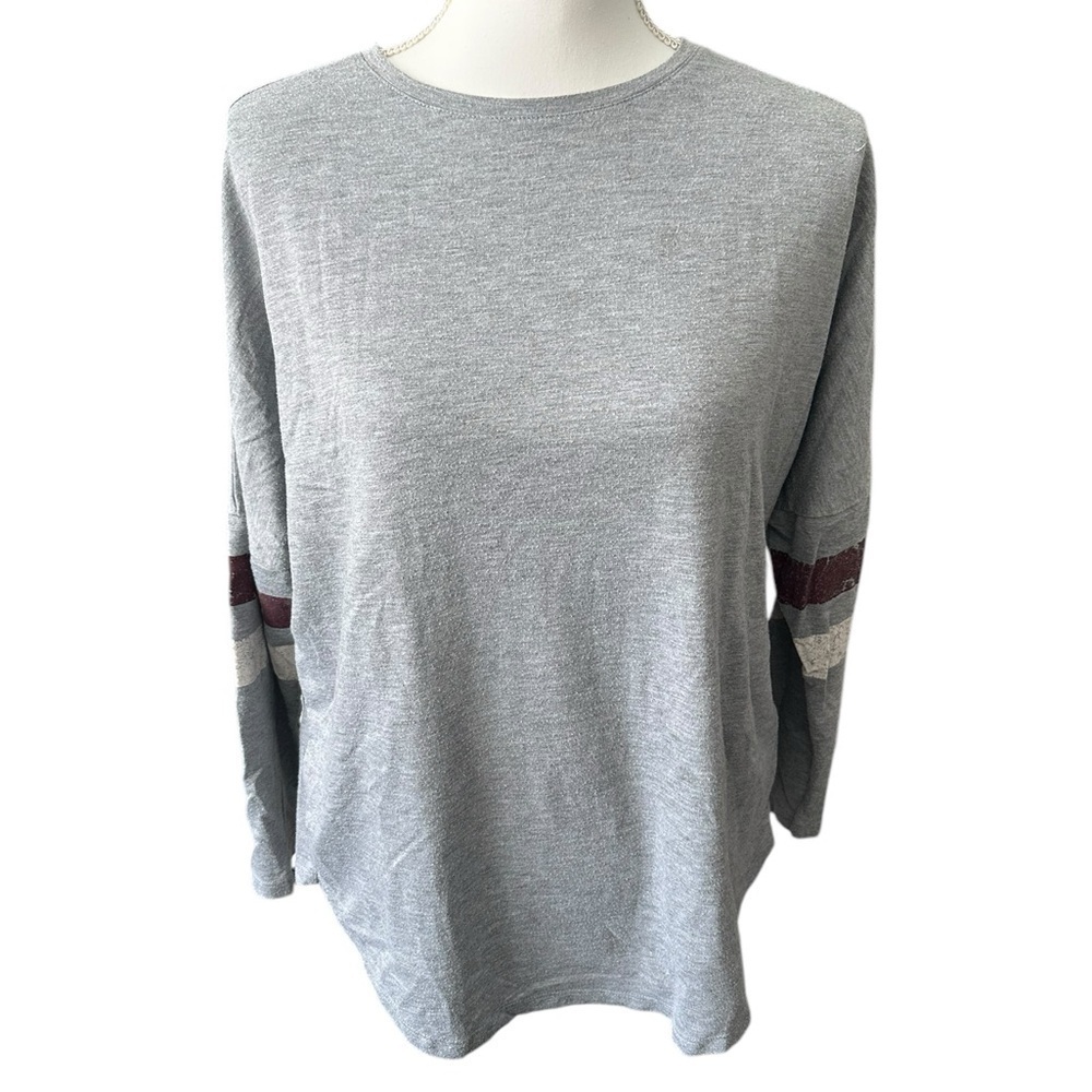 About A Girl Gray NY Home Graphic Long Sleeve‎ Top with Striped Sleeves